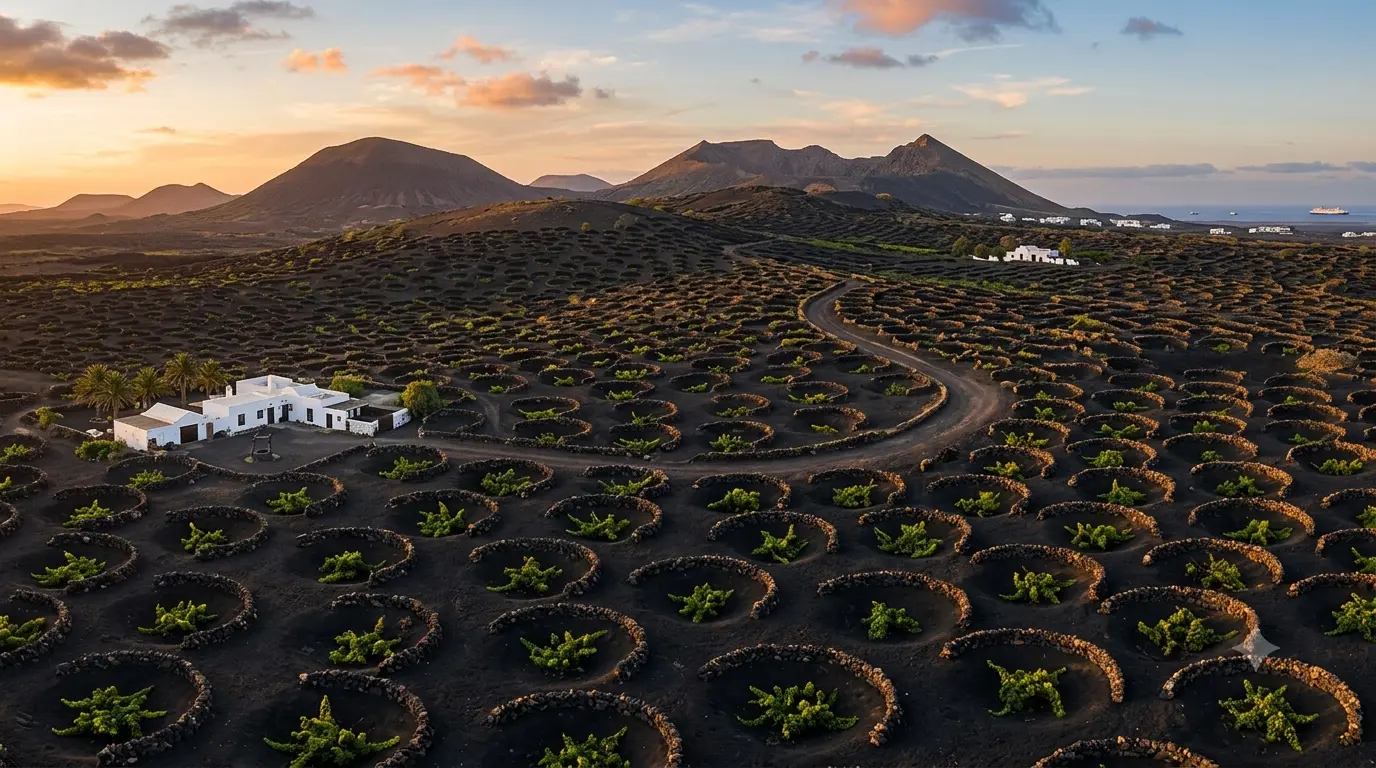 Canary volcanic vineyard at sunset